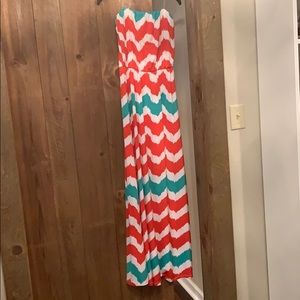 Auditions strapless maxi dress, red/teal stripe